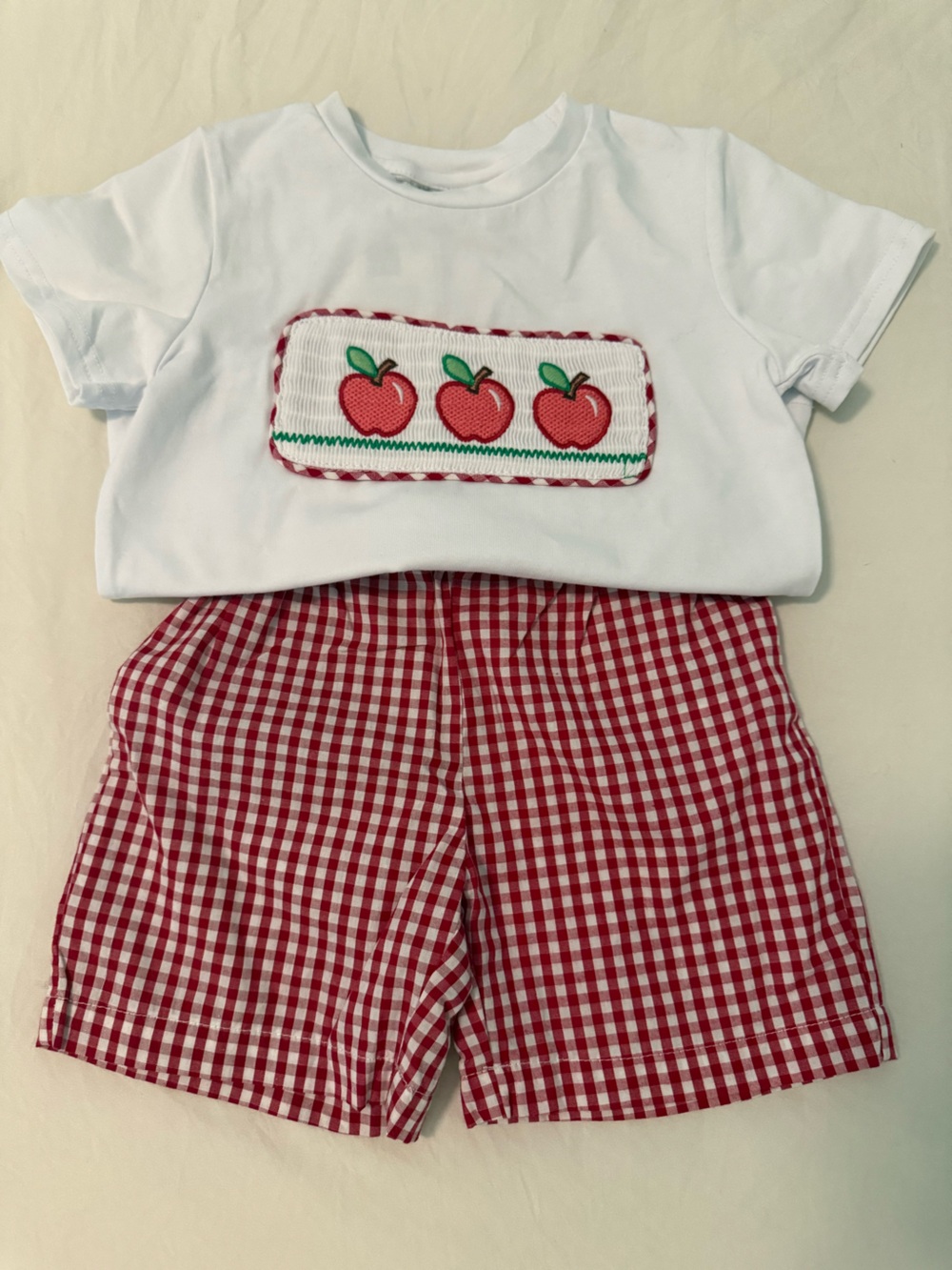 Embroidered set. Red apples and gingham red and white short. So cute!